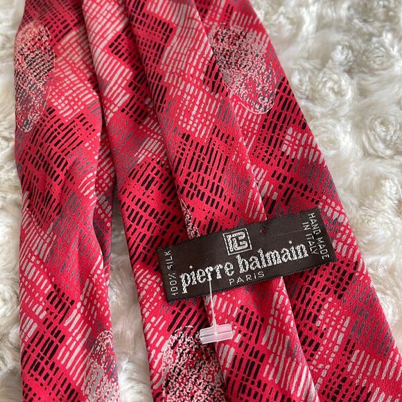 Pierre Balmain Paris Men’s Silk Tie Abstract Print Red Black Gray Made in Italy - Picture 3 of 6